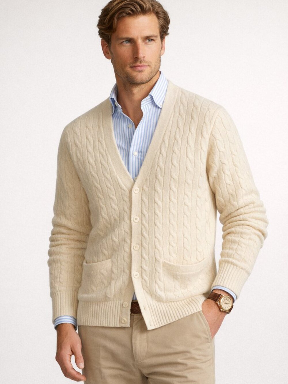 Polo Ralph Lauren 100% Cashmere Cable Knit Cardigan Ivory V-Neck Patch Pockets L